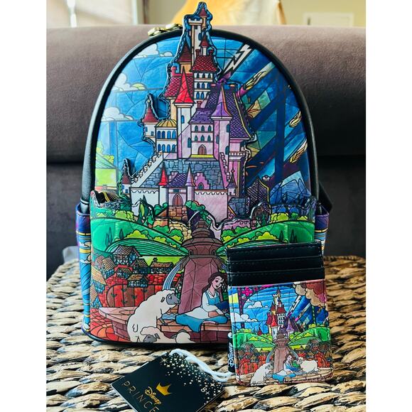 Loungefly Disney Beauty and The Beast Stained Glass Castle Mini Backpack Card - Picture 1 of 8